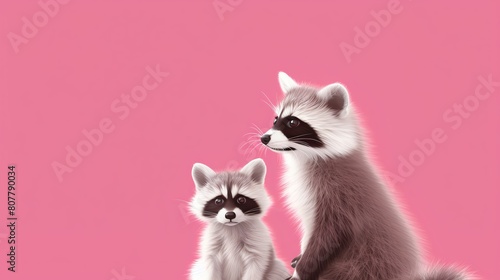 Minimalist digital art featuring a raccoon and a fox sitting backtoback each looking over their shoulder at the other against a solid pink background emphasizing their playful and photo