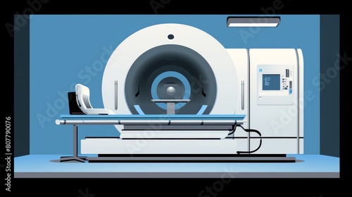 Minimalist illustration of a crosssectional MRI machine showcasing the magnetic resonance imaging technology with visible magnetic fields and a simplified patient silhouette emphas photo