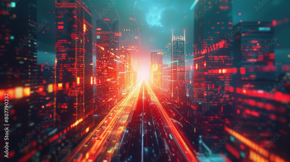 A time-lapse image of a city is paired with a business data analytics dashboard in an overlay composition. Seamless integration of finance and technology into modern business concepts. A time-lapse image of a city is paired with a business data analytics dashboard in an overlay composition. Seamless integration of finance and technology into modern business concepts.