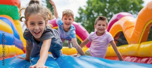 Very happy children are jumping on an inflatable bounce house during summer and pleasant weather. © *Lara*