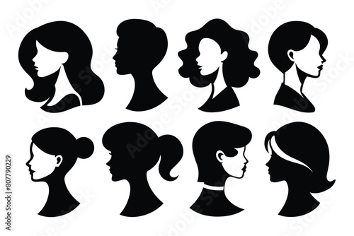 Set of Group Silhouette of woman. Vector avatar, profile icon, head black Silhouette Design with white Background and Vector Illustration