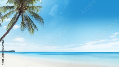 Vibrant beach scene with clear blue skies and palm trees perfect for travel and holiday themes with ample copy space