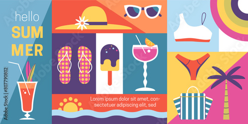 Geometric summer travel banner background in modern flat style. Summertime holiday concept design. Colored vector illustration