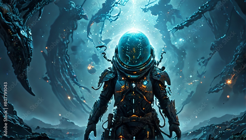 A 3D science fiction scene with astronaut in a spacesuit encountering a mysterious alien figure in the dark vastness of space