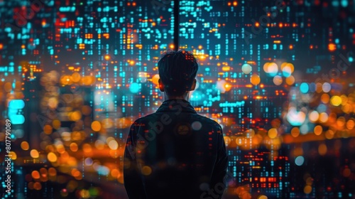 Back view of male businessman with business data analysis dashboard where global businesses dive deep into online marketing strategy analysis.
