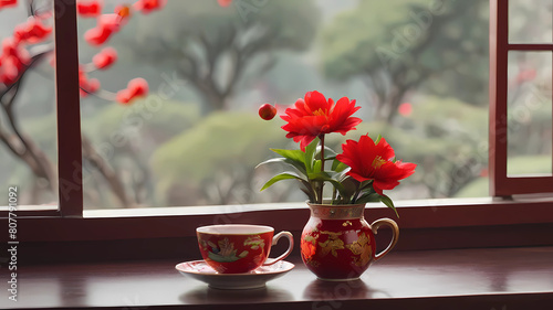 flowers and a cup of tea infront off window photo