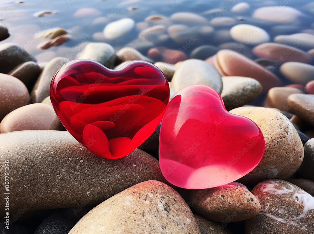 Two red hearts on sea rocks Two red hearts on sea rocks