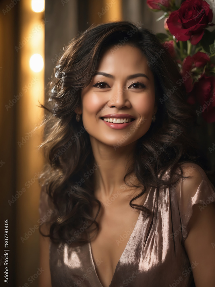 Elegant Filipina Woman in Silky Pink Dress Poses with a Smile and Roses in Studio Setting Elegant Filipina Woman in Silky Pink Dress Poses with a Smile and Roses in Studio Setting