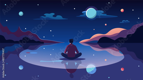 A reflective pond reflecting a starry sky where a person sits in quiet contemplation of the universe.. Vector illustration