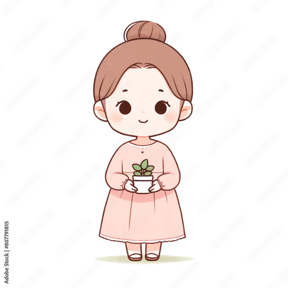 cartoon cute girl holding potted plant and tropical plant pot