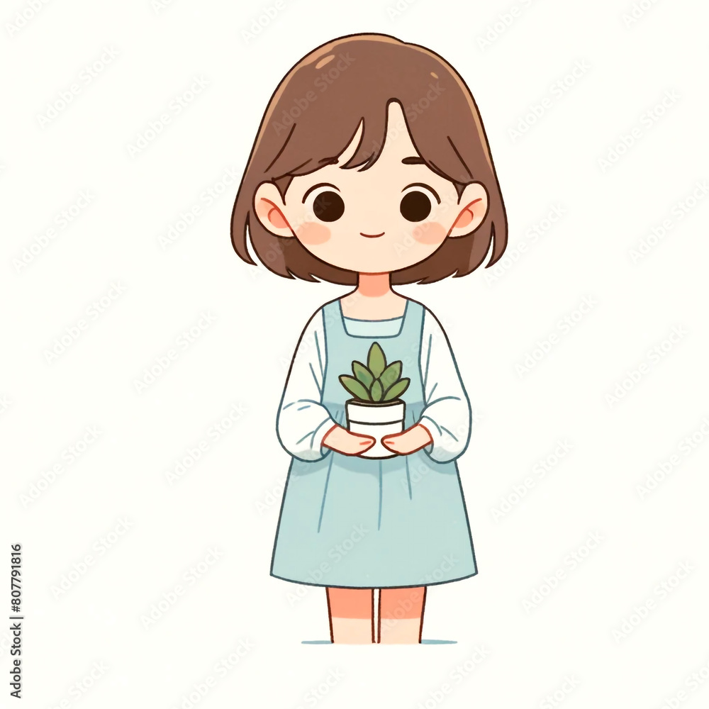 cartoon cute girl holding potted plant and tropical plant pot