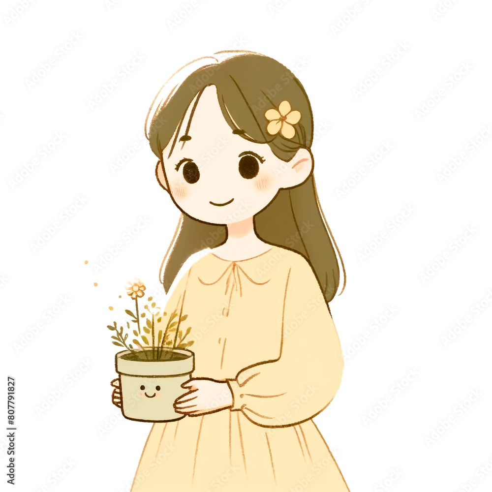 cartoon cute girl holding potted plant and tropical plant pot cartoon cute girl holding potted plant and tropical plant pot