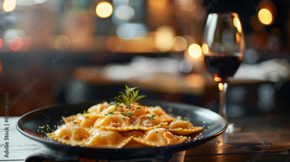 Plate of pasta beside a glass of wine Plate of pasta beside a glass of wine