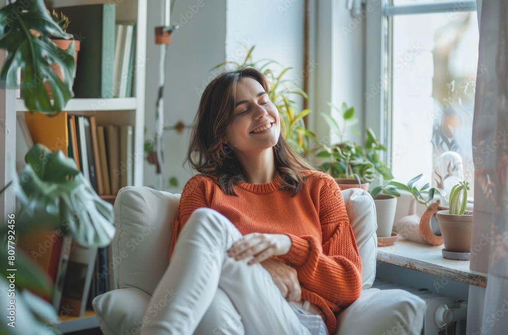 A woman in an orange sweater and white pants sits on her chair, smiling as she meditates with closed eyes at home