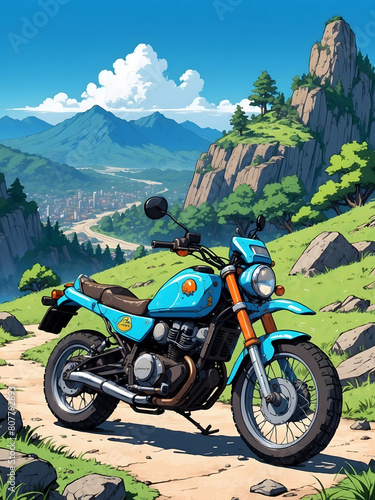 a blue motorcycle is parked on a mountain road