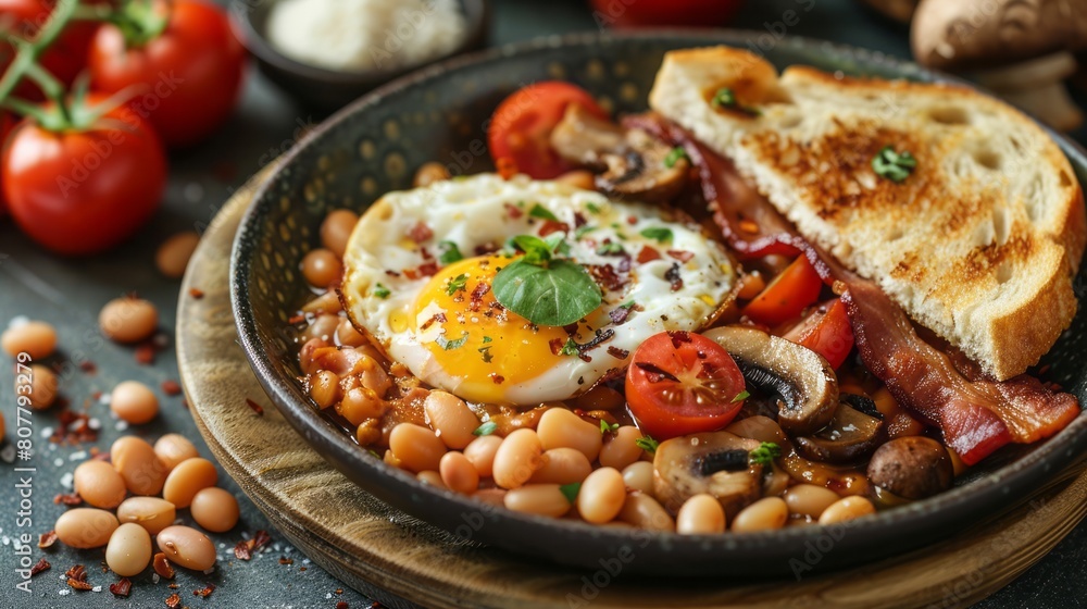 English breakfast - fried egg, beans, tomatoes, mushrooms, bacon and toast. English breakfast - fried egg, beans, tomatoes, mushrooms, bacon and toast.
