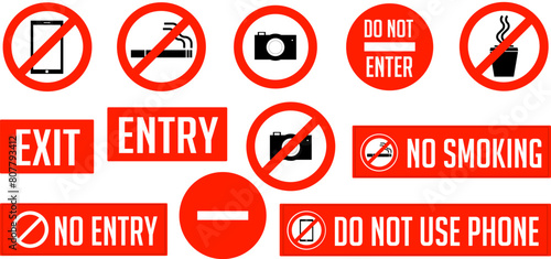Phone smoke  camera coffe exit entry do not enter no smoking forbidden prohibited red white warning information icon signs set vector design.Prohibition forbid attention isolated symbol illustration