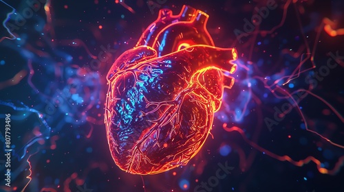 A 3D rendered image of a human heart enhanced with biotechnological implants, glowing under neon lights and a black light background, highlighting the intricate patterns of the tec #807793496