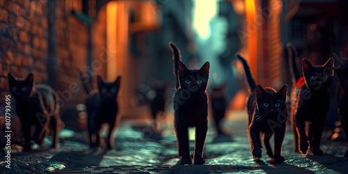   Gang of black cats walking on dark alley at night street and glowing light background , A gang of cat mafia walks down a dark street   
 photo