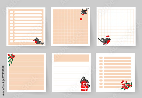 A set of notebook pages with cute bullfinches. Template for planning, to-do list, daily schedule, sheet for notes and other reminders.