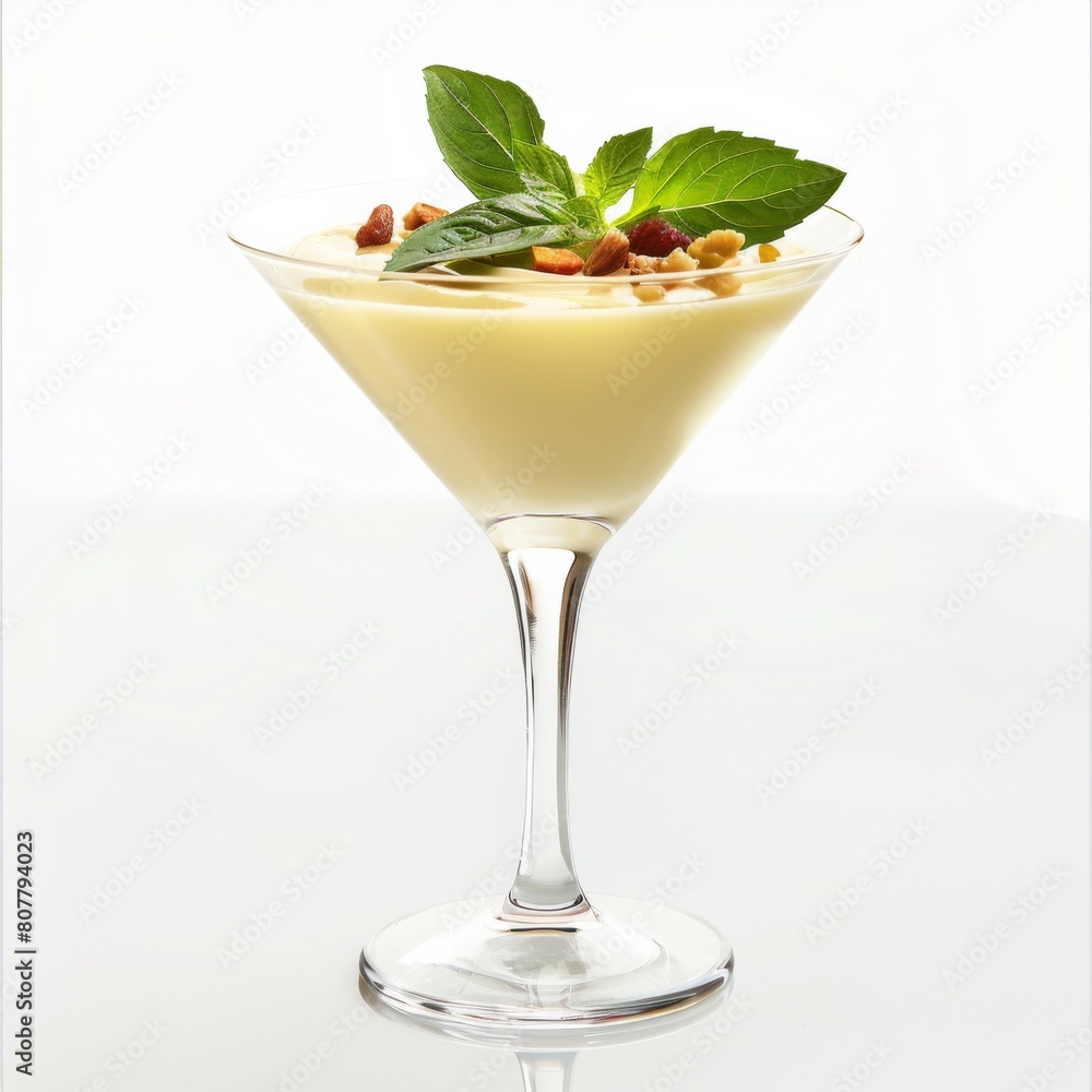 A delectable dessert served in a martini glass, topped with fresh mint A delectable dessert served in a martini glass, topped with fresh mint