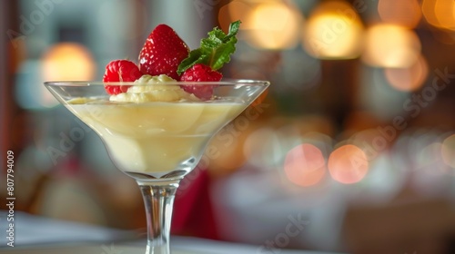 A small dessert in a glass on a table, showcasing the artistry of Italian Zabaglione