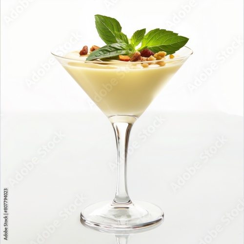 A delectable dessert served in a martini glass, topped with fresh mint