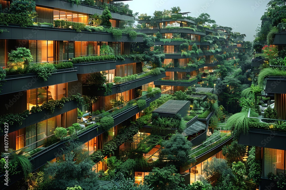 Obraz premium Green Roofs Galore: Solar-Powered Sustainable Architecture in Community Gardens Oasis