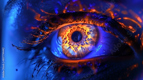 A high-resolution image of a human eye, enhanced with a biotechnological lens, illuminated by neon light under a black light, showcasing intricate 3D patterns on the iris.