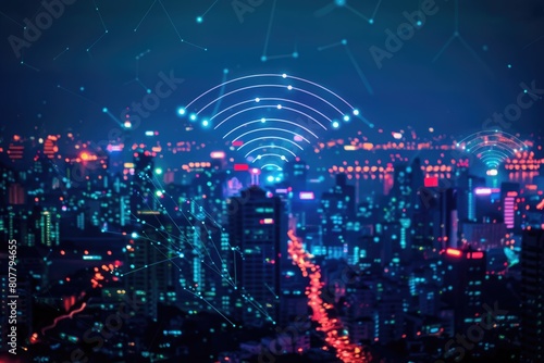 Network of wireless communication on a contemporary cityscape. Generative Ai © Mimix