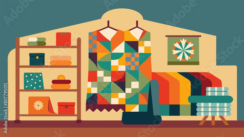 A secondhand store transformed into a treasure trove of vintage quilts each one waiting to be revived and cherished once again.. Vector illustration