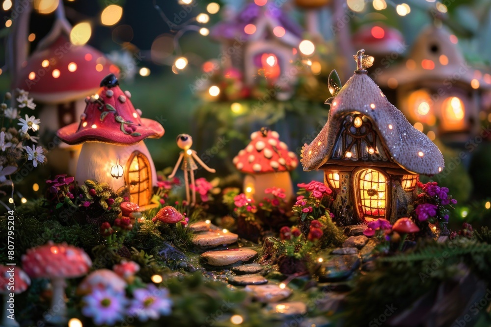 A fairy village with houses made of mushrooms and a path leading to them A fairy village with houses made of mushrooms and a path leading to them