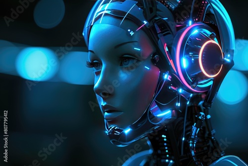 A female humanoid robot avatar chatbot Round symbol. Generative Ai