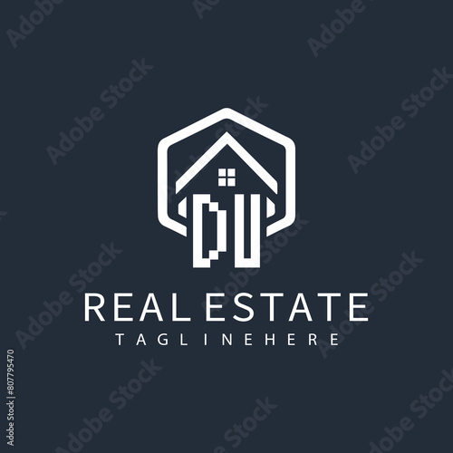 DU initial monogram logo for real estate with home shape creative design.