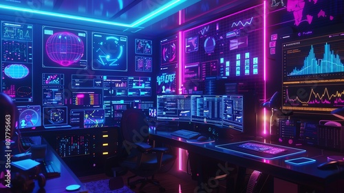 A scene depicting a tech advocate s home office  bathed in neon light under a black light  featuring 3D computer interfaces and dynamic network visualizations on the walls  all in