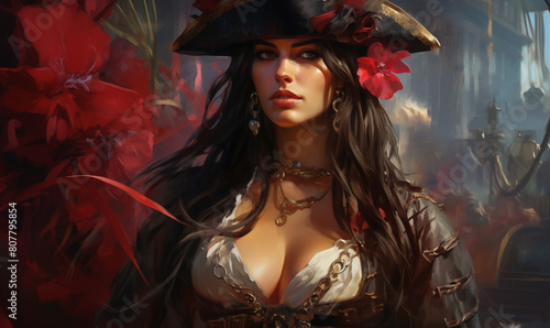 Beautiful pirate woman with wooden ship in the background, panoramic view, generated ai 