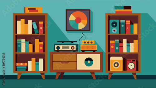 A vintageinspired den filled with shelves of retro vinyls and a record player housed in a unique custombuilt wooden console. Vector illustration