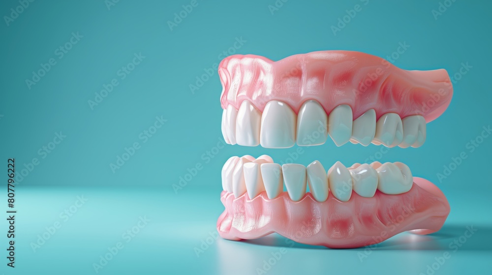 Obraz premium Dental model of teeth and jaw on a blue background with copy space for text, representing the concept of dental health. Dental tooth dentistry student learning.