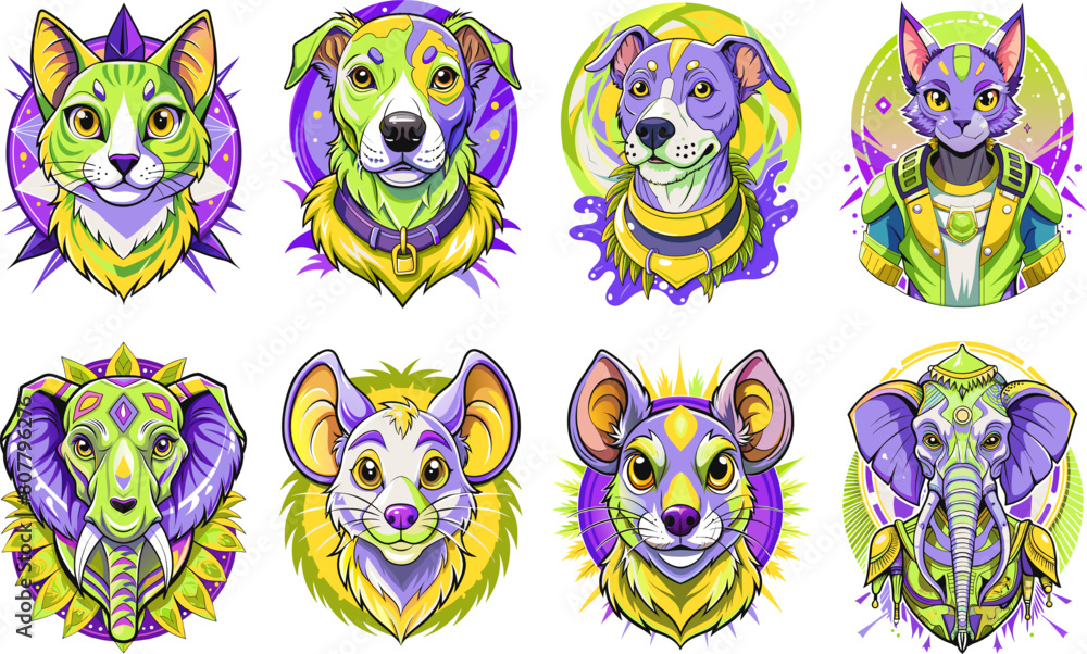 Obraz premium Animal portraits in retro futurism style. Cartoons for kids elephant, dog, cat, mouse, Funny heads . Abstract cartoon inspired by vaporwave concepts. 