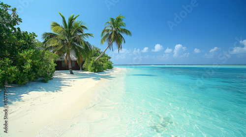 Breathtaking view of a white sandy beach in the Maldives with lush palm trees and turquoise sea. photo