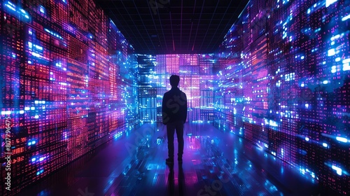 An advocate for digital privacy in a room that looks like a grid, lit by neon and under black light