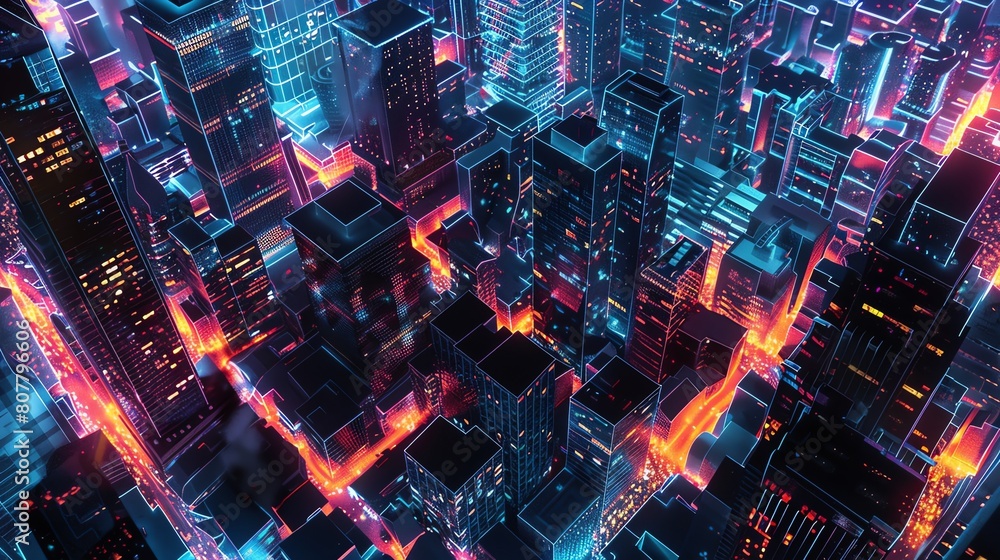 An aerial view of a digital metropolis at night, glowing with neon networks and black light, featuring 3D buildings covered in complex geometric patterns, showcasing a high-resolut An aerial view of a digital metropolis at night, glowing with neon networks and black light, featuring 3D buildings covered in complex geometric patterns, showcasing a high-resolut