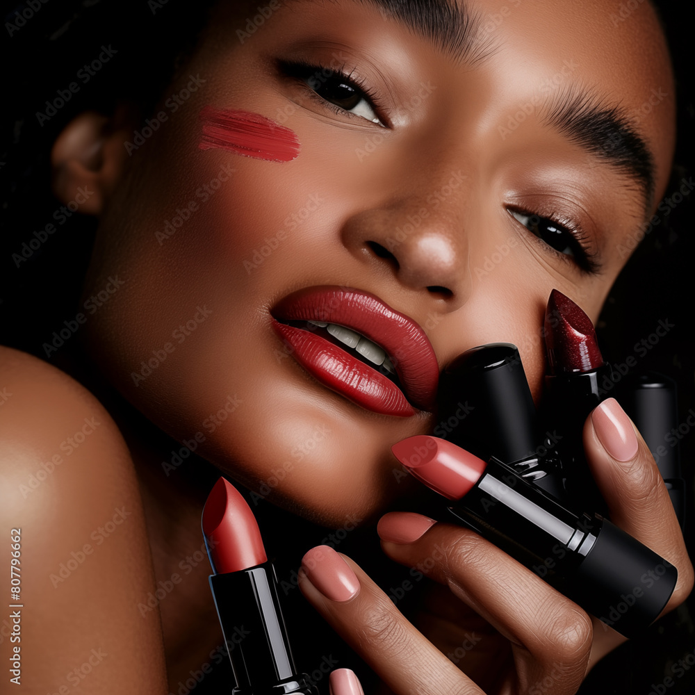 Obraz premium AI generated illustration of a portrait of a woman holding red lipstick palette near her face