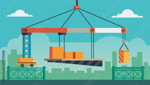 Using a temporary crane to lift and place heavy steel beams in preparation for the building skeleton.. Vector illustration