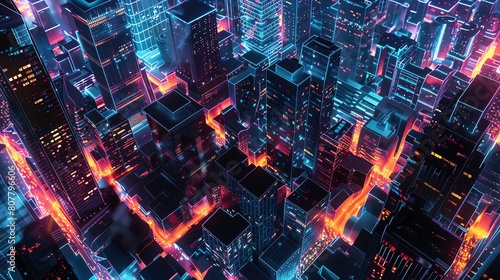 An aerial view of a digital metropolis at night, glowing with neon networks and black light, featuring 3D buildings covered in complex geometric patterns, showcasing a high-resolut