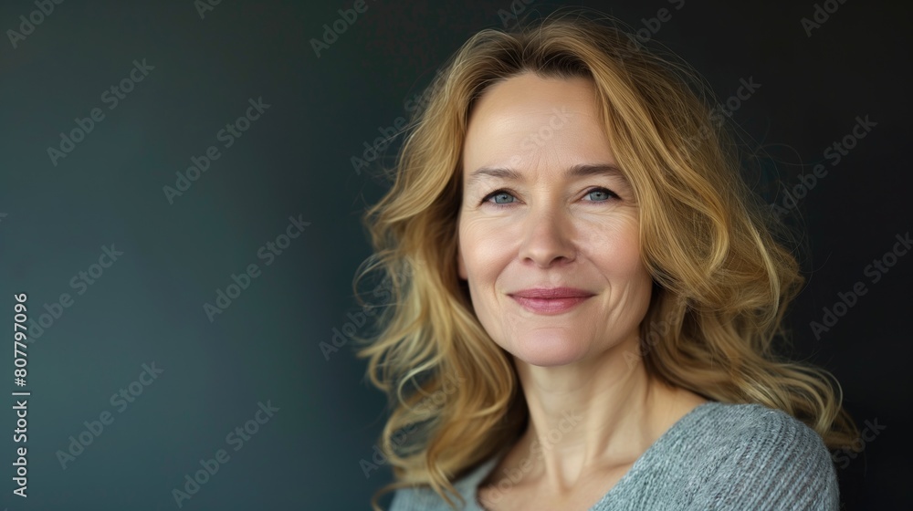 Gorgeous middle-aged 40th 50th pretty woman with good skin care looking at camera smiling happily aging Gorgeous middle-aged 40th 50th pretty woman with good skin care looking at camera smiling happily aging