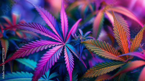 Cannabis leaves. Cannabis marijuana foliage with a purple pink tint on a black background