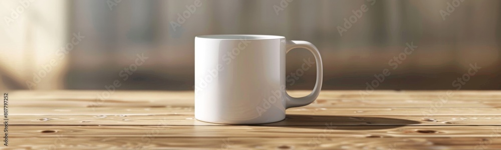 White coffee mug sitting on a wooden table. Mockup background . Banner White coffee mug sitting on a wooden table. Mockup background . Banner