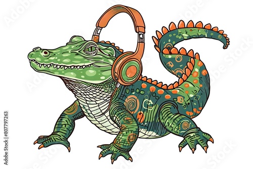 A cute stylized green crocodile with orange headphones on a white background enjoys music  symbolizing the fusion of nature and modern technology  music and relaxation