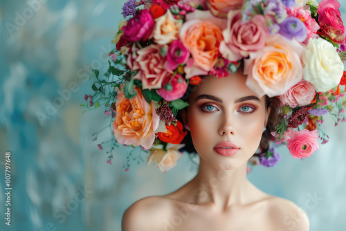 Female portrait with flowers in her head. Creative background with stylish woman